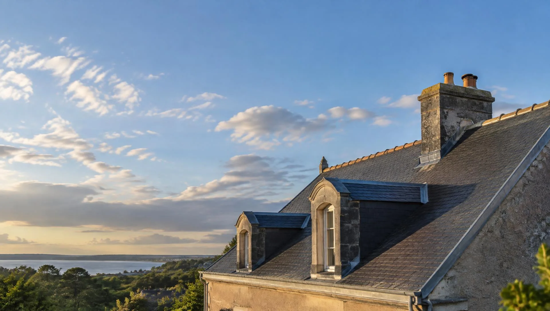 Toiture en ardoise avec lucarnes et cheminée sous un ciel bleu
